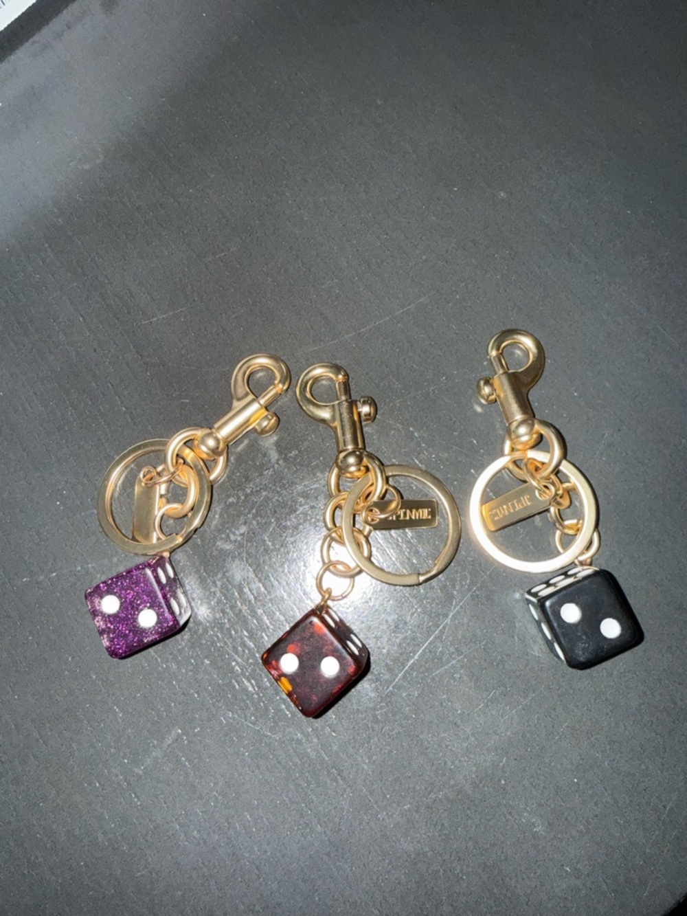 Gold Keychain with Purple, Brown, or Black Dice Charm (Pick One)